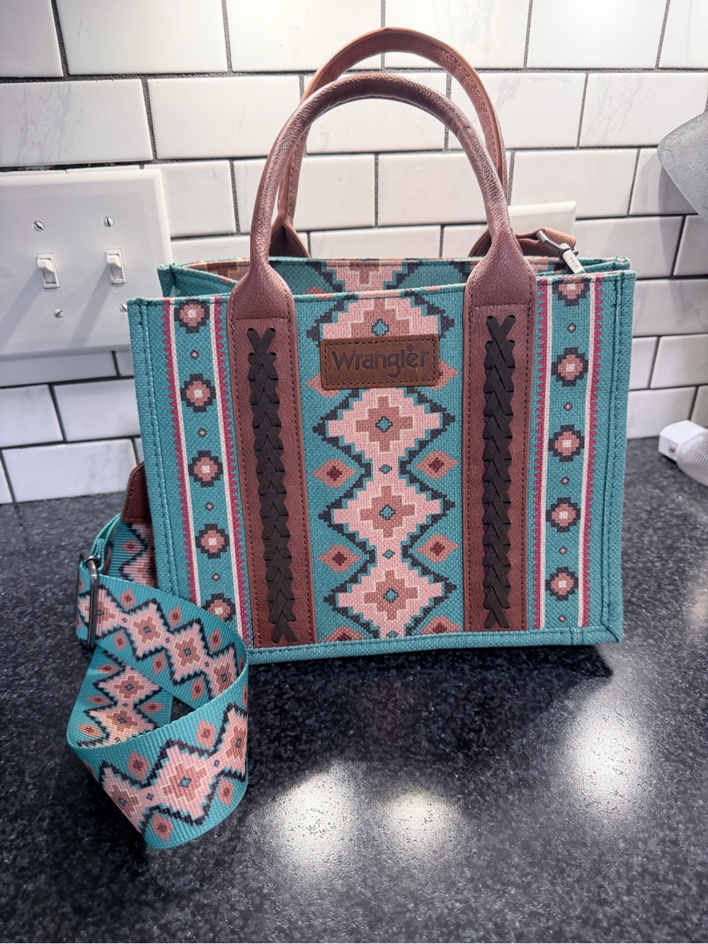 Wrangler Teal  Turquoise & Pink Aztec-Pattern Tote with Braided Trim